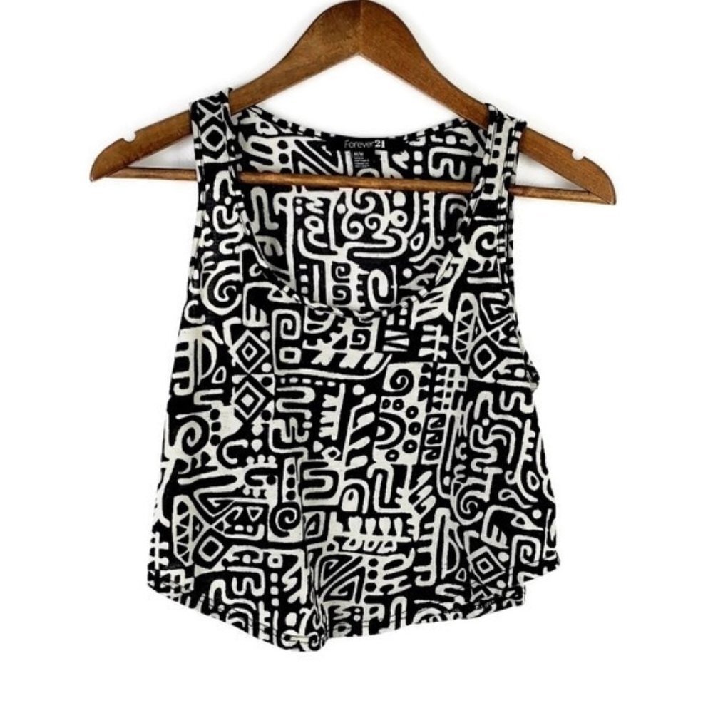Forever 21 Womens Aztec Tank Top Cropped‎ Black White Juniors Size Medium M Y2K